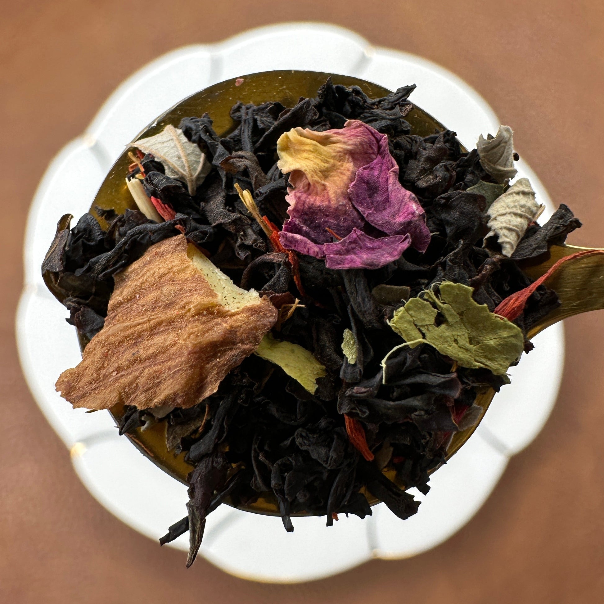 Crimson Almond, Cherry Almond, Flavored Black Loose Leaf Tea on Gold Teaspoon