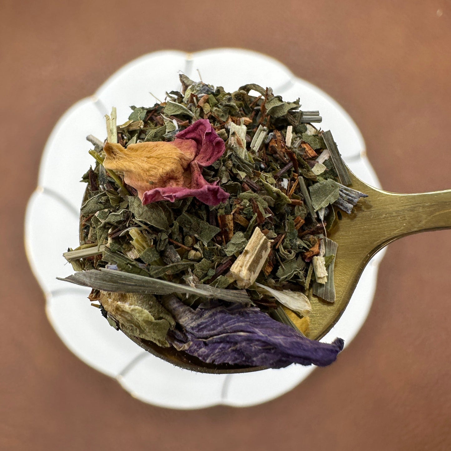 HeadEase, Wellness Tea, Herbal Loose Leaf Tea, Rooibos, Spearmint, Lemongrass on Gold Teaspoon, Tisane